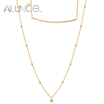 

ALLNOEL 2019 Solid 925 Sterling Silver Long Sweater Chain For Women Gold Color Zircon Diamond Pendant Necklaces Adjusted Jewelry