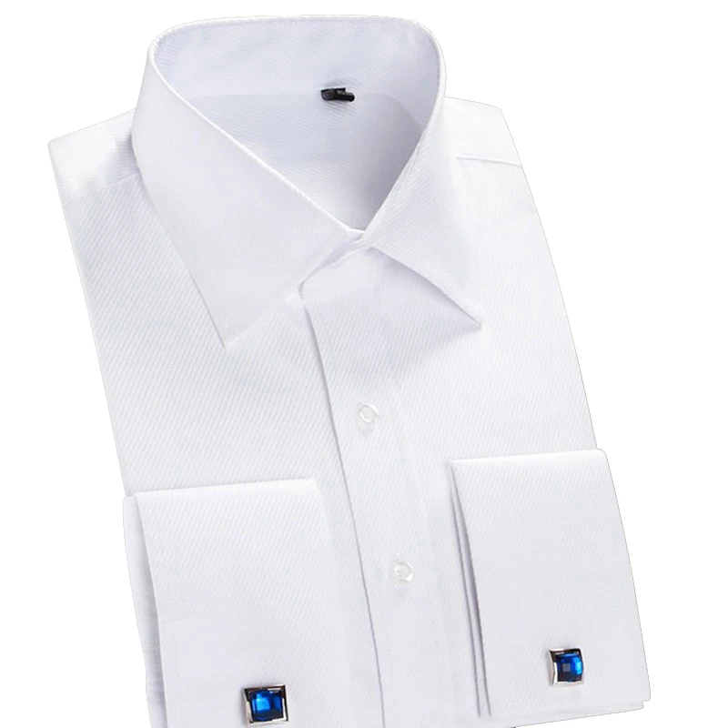 French Cuff Shirts Mens Long Sleeve Formal Business Dress Shirt Solid Twill Party Wedding Tuxedo Clothing with Cufflinks