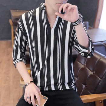 

2019 Summer Men's New Pattern Short Sleeve clothing Stripe Printing Shirt Black Male Clothes White/blue/red Color Shirts M-3XL