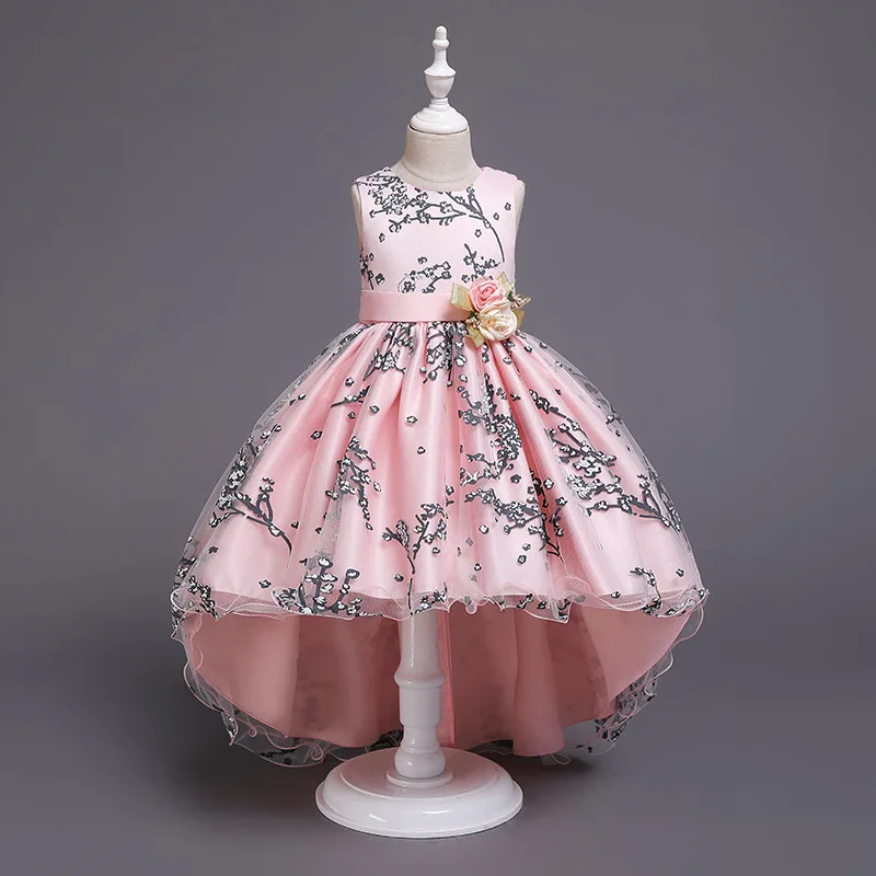 

2019 new children's pink princess dresses mesh print trailing dress children performance dress