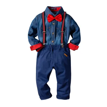 

Boy's Clothing Set 2-10 Y Spring Autumn Denim Shirt & Elastic Long Bib Pant & Bow Tie Kids Cotton Fashion Gentleman Shirt Suits
