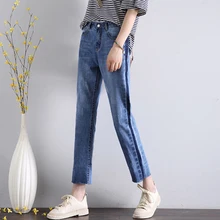 Свободные Повседневное Для женщин летние джинсы брюки женские дружок стиль Рваные джинсы брюки синего джинсового цвета Прямые джинсы капри