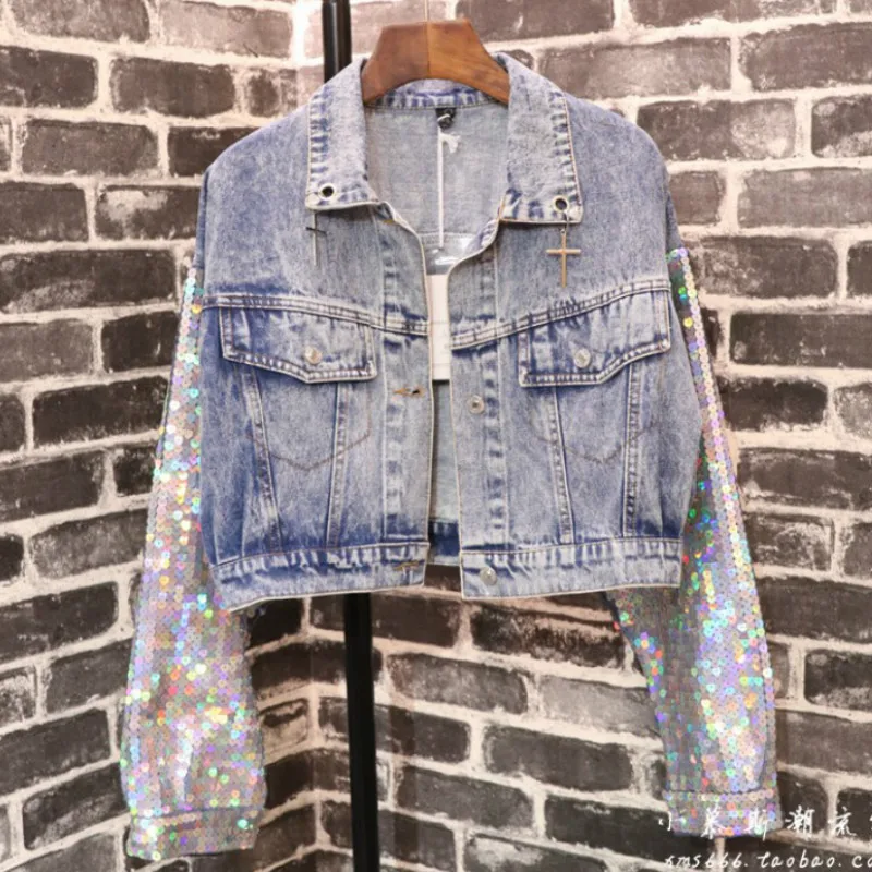 buy Women Sequined Jacket Denim Faux Fur Stitch Unicorn Patch Coat Single Breasted Denim Long Batwing S