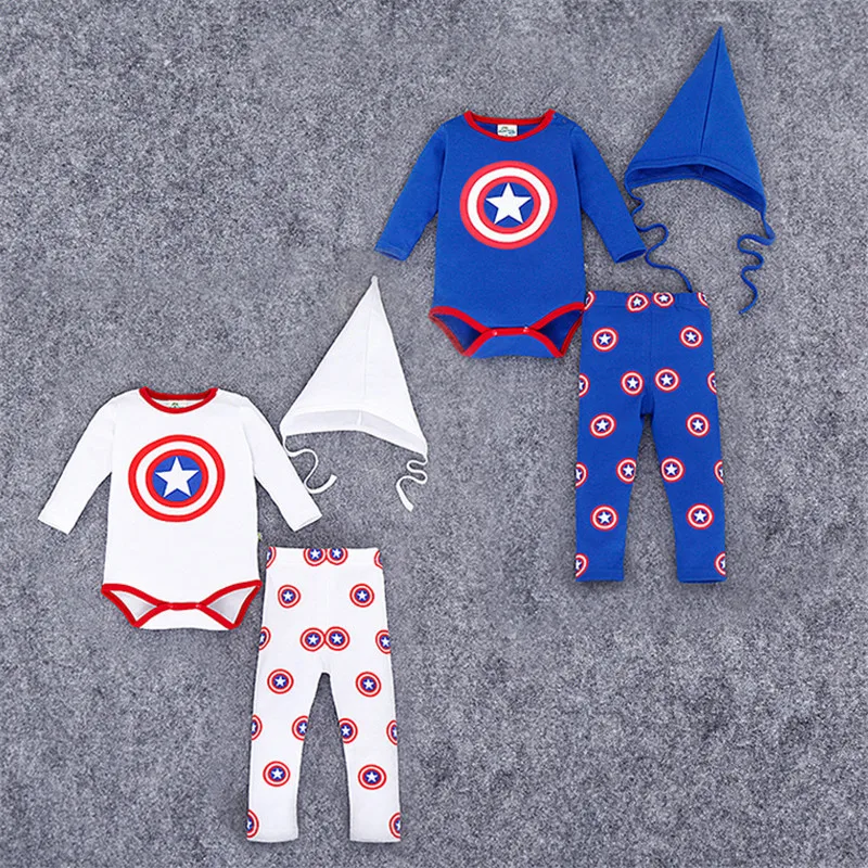

Baby Rompers +Hat + Pant captain america costume Long Sleeve 3M-24M Boys Girls Clothes Jumpsuit Boys Outwear Clothes 3piece/set