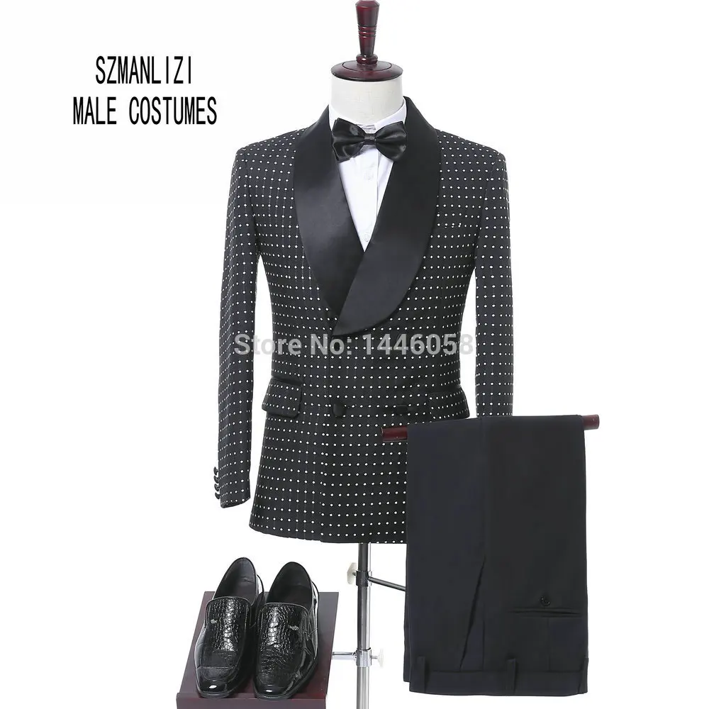 Мода Slim Fit черный с принтом Для мужчин Костюмы с Брюки для девочек золотые нагрудные свадебное платье Для мужчин костюм для выпускного Для мужчин S Нарядные Костюмы для свадьбы жених смокинги для женихов - Цвет: as picture