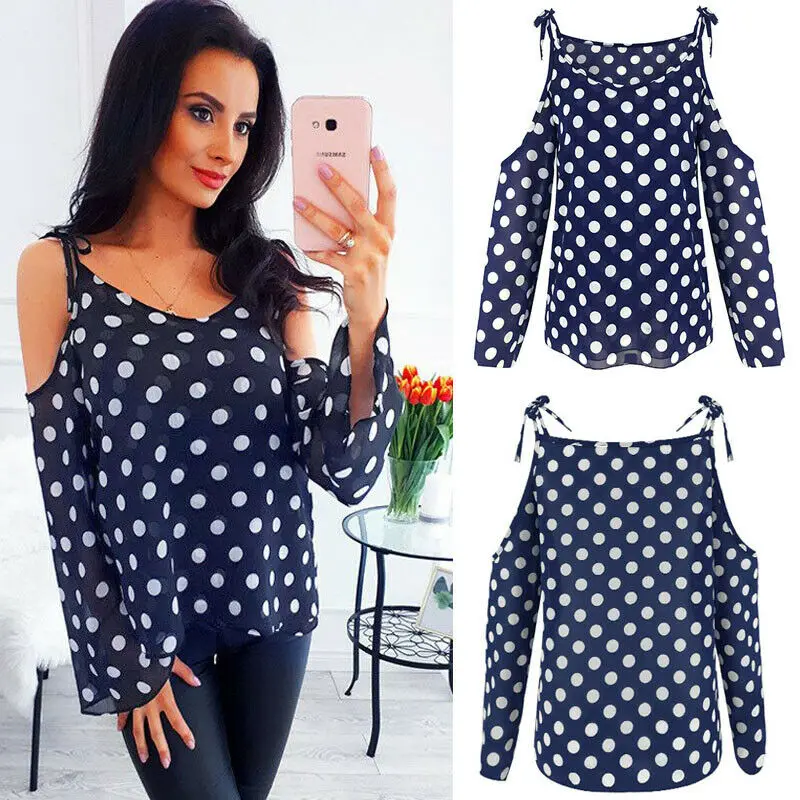 

Fashion Dots T Shirt Women Cold Shoulder Long Sleeve Loose Chiffon T-Shirts Autumn Clothes Lady Tops T-Shirt