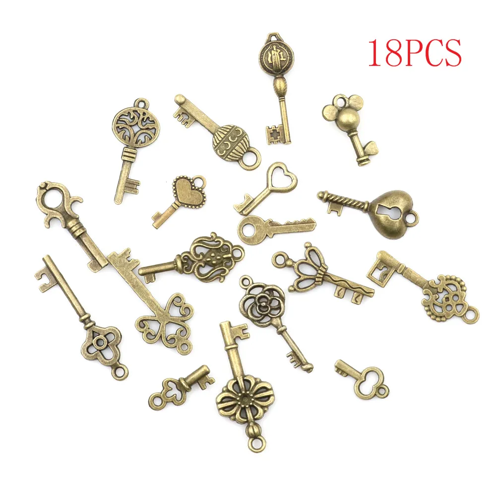 18pcs/sets DIY Craft Gifts Bronze Ornate Skeleton Keys Lot Antique Vintage Old Look Necklace Pendant Fancy Heart Decor