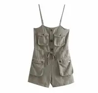 2019 Safari Style Spaghetti Strap Jumpsuit Women Open Button Lacing up Bow Waist Short Pants Romper Cotton Linen Playsuits - Image 3
