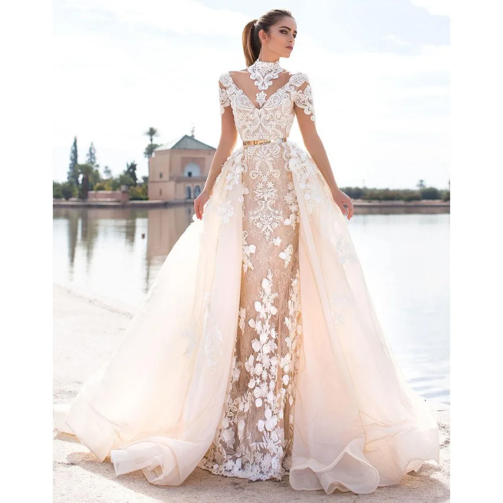 vestido de noiva Detachable Train Mermaid Wedding Dresses High Neck