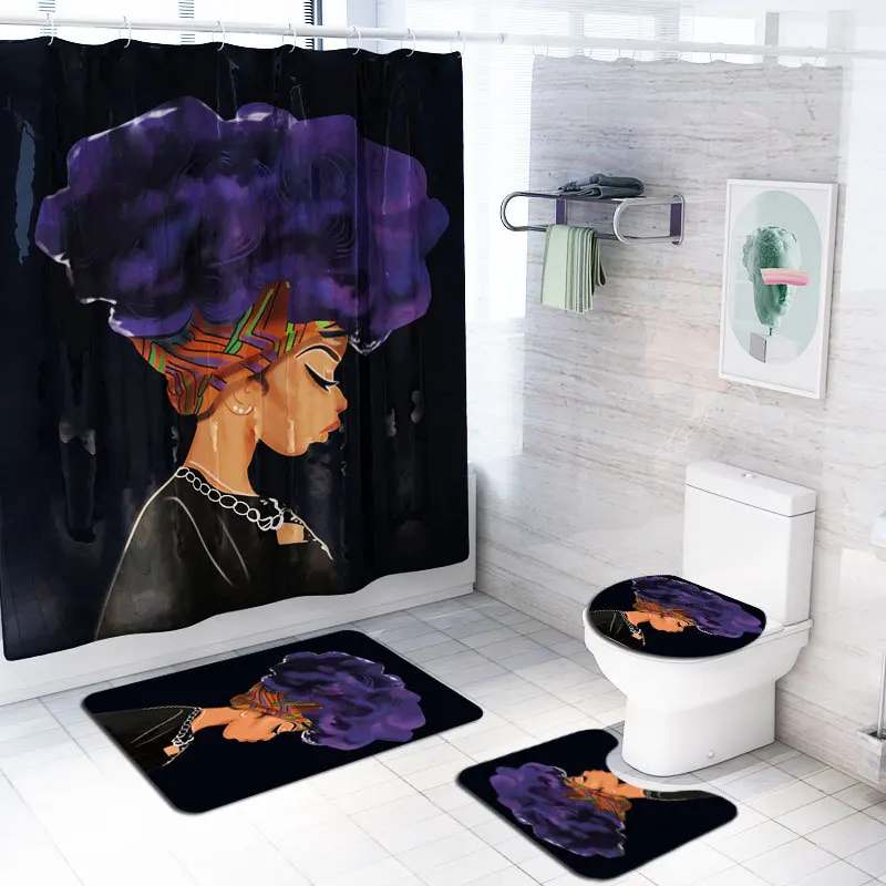 

Explosion Head Woman Print Shower Curtain 4 Piece Carpet Cover Toilet Cover Bath Mat Pad Set Bathroom Curtain 12 Hooks