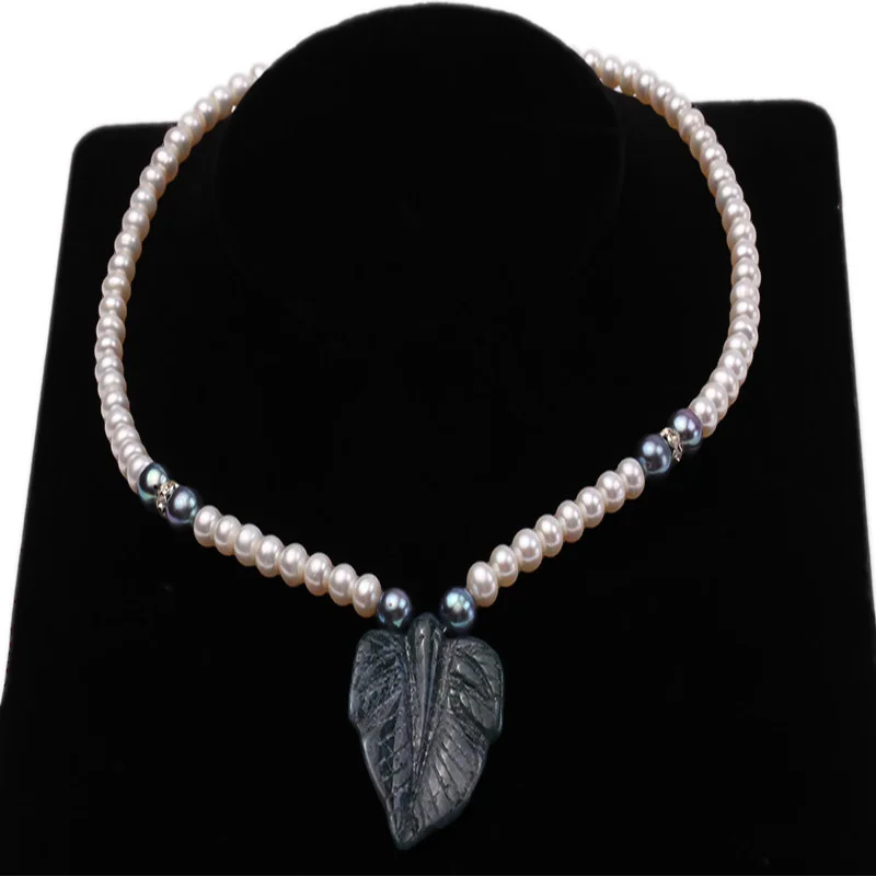 JYX Pearl 6-7mm Natural White Round Freshwater Pearl Necklace with Breciated Jasper Pendant Necklace