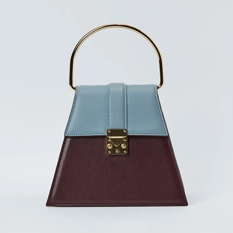

Elegant Hand Bags Trapezium Leather Handbags Matallic Circle Handle Tote Bag Contrasting Colors Saddle Clutch Flap Bag