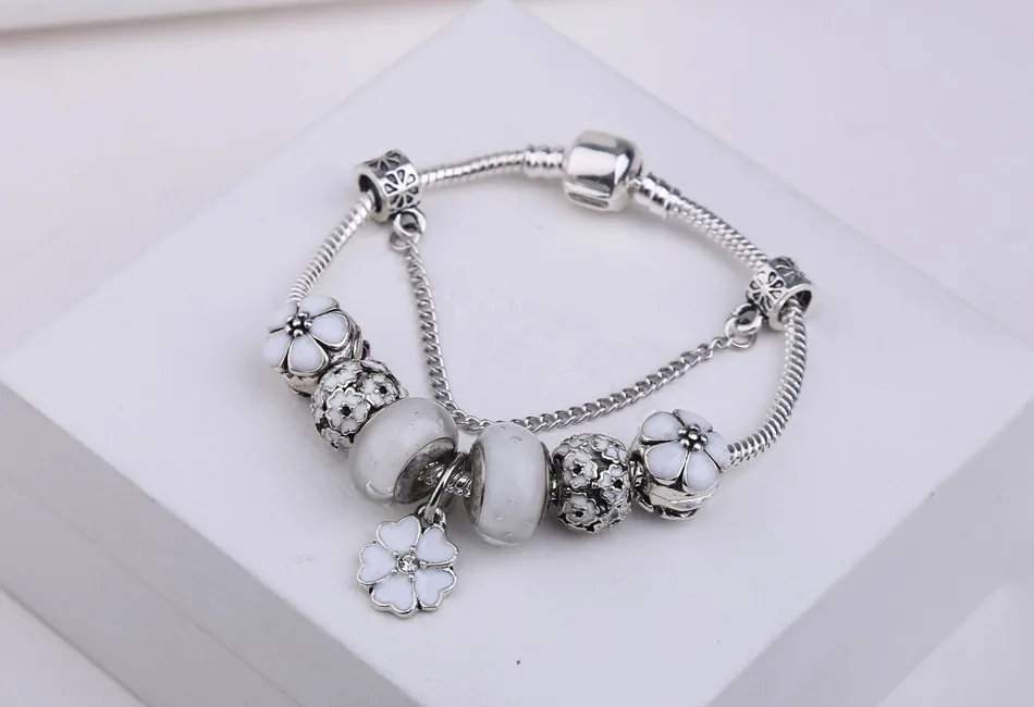 Модные серебряные женские браслеты-шармы для дружбы, подвеска в форме снежинки из бисера, европейские браслеты Pan