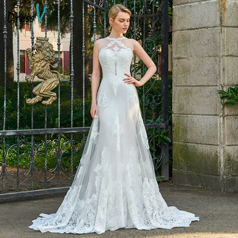 Кружевное свадебное платье Dressv с аппликацией и глубоким круглым вырезом без