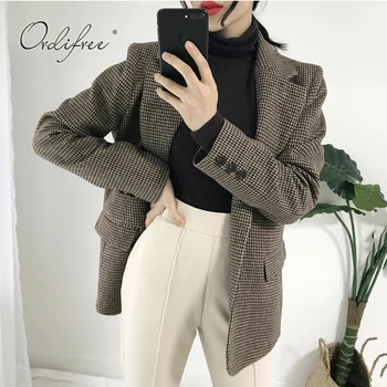 

Ordifree 2018 Autumn Women Plaid Blazer Suit Jacket Vintage Fashion Suit Coat Office Lady Elegant Work Blazers Feminino