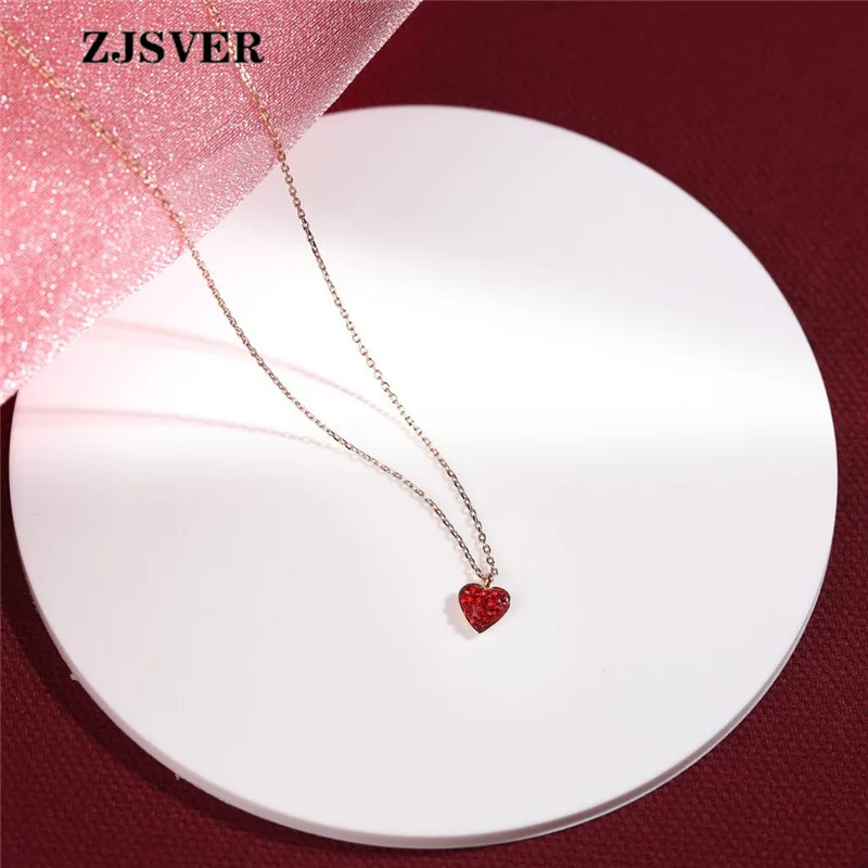 

ZJSVER Red Heart Shape Pendant Rose Golden 925 Sterling Silver Clavicle Chain Women Necklace Fashion Fine Jewelry Present