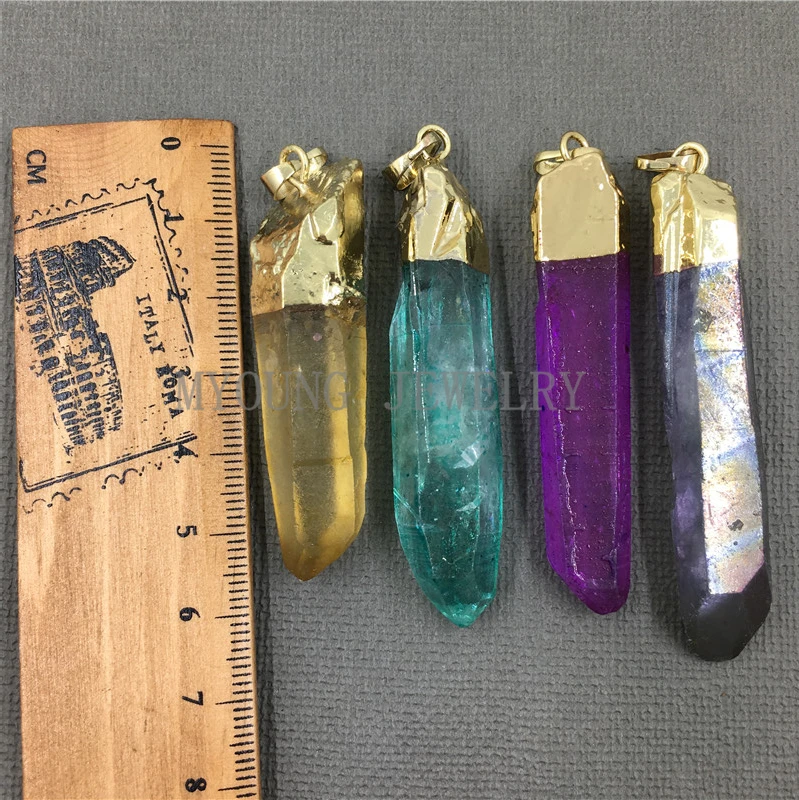 MY1013 Raw Crystal Quartz Titanium Pillar Point Pendant with Gold Electroplated Pendant (6)