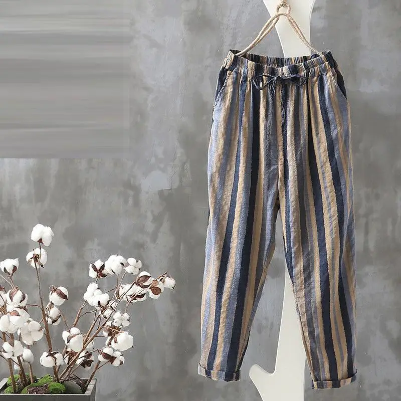 Summer Fashion Women Pants Plus Size Loose Casual Elastic Waist Striped Harem Pants Vintage Cotton Linen Ankle-length Pants D125 - Цвет: Blue