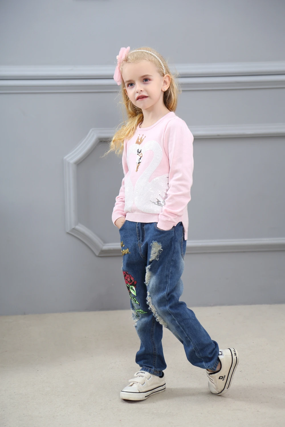 R& Z/комплект одежды для маленьких девочек, г., осенне-зимний хлопковый свитер с длинными рукавами и изображением лебедя+ повседневные джинсы детский комплект одежды из 2 предметов, k1
