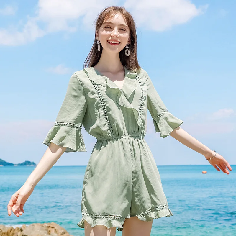 Summer jumpsuits elegant casual rompers v neck short flare sleeves high