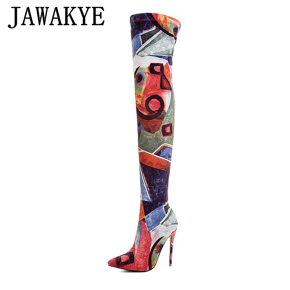 JAWAKYE/разноцветные эластичные высокие сапоги с граффити Женская пикантная обувь