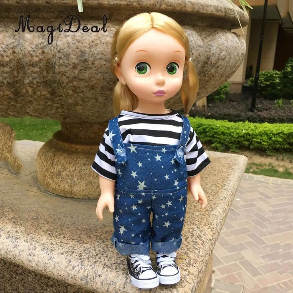 16inch Fashion Doll Casual Outfit Suspender Pants Trousers & Stripe Tops T-shirt Garment For Sharon Girl Doll Clothing