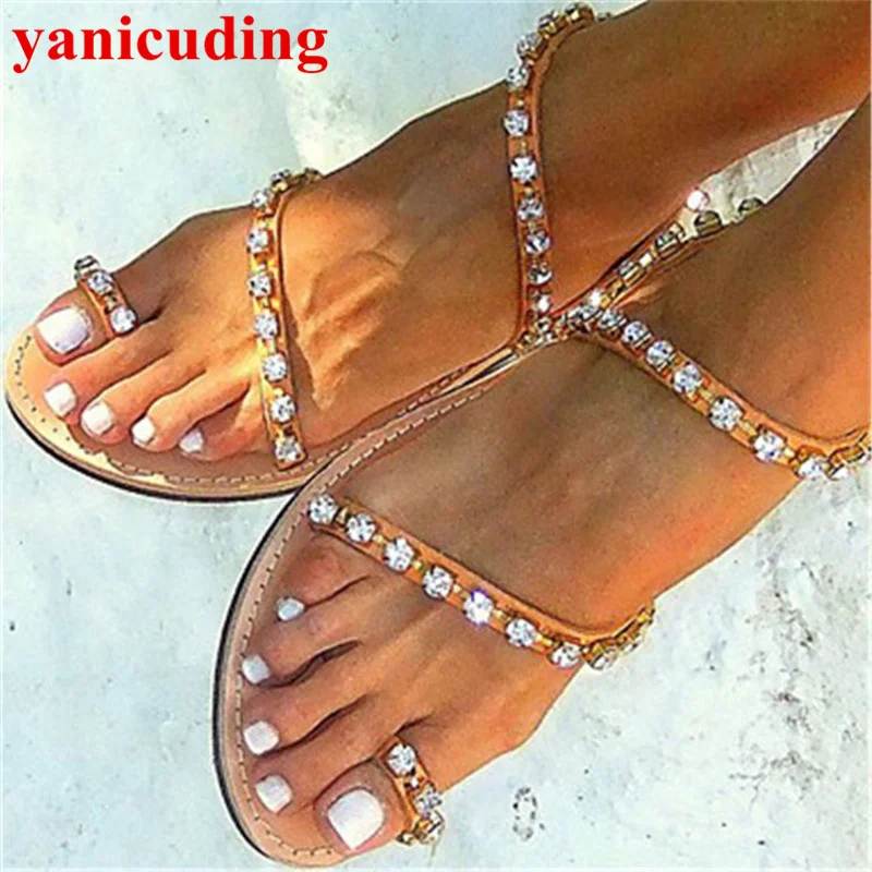 

Summer Beach Sandals Flip Flop Crystal Embellished Flats Casual European Fashion Shoe Brand Runway Star Sandalia Feminina Solid
