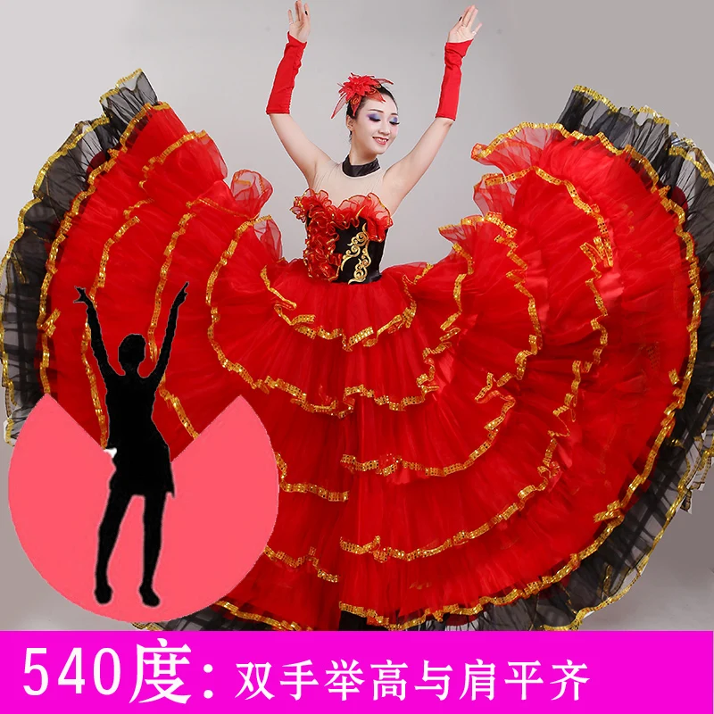 Новое Женское длинное платье для взрослых, красное нация, открытая танцевальная юбка, испанское фламенко, танцевальный костюм для хора, костюм H616 - Цвет: Red540