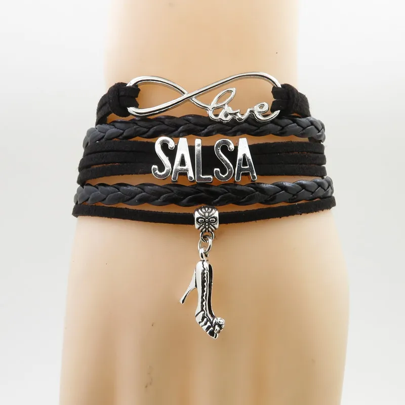 

fashion Salsa Bracelet high heels Charm Salsa dancer gift black leather wrap bracelets & bangles for Woman man dance hobby