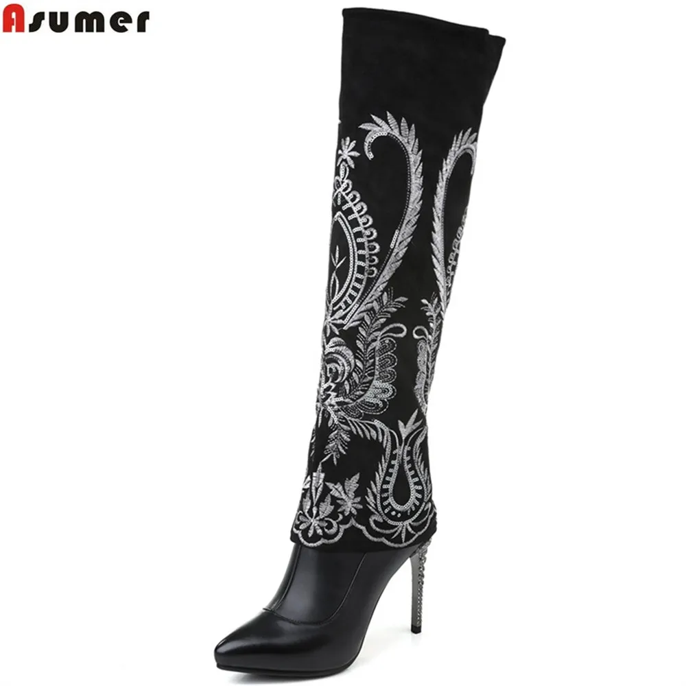 

ASUMER 2020 new women boots pointed toe genuine leather boots zipper thin heels cow leather embroider knee high boots