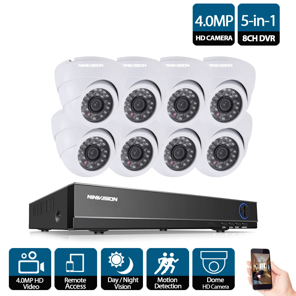 White Black Dome HD Camera CCTV Security 8CH 4MP AHD DVR System Kit HDMI Output Remote View 8PCS