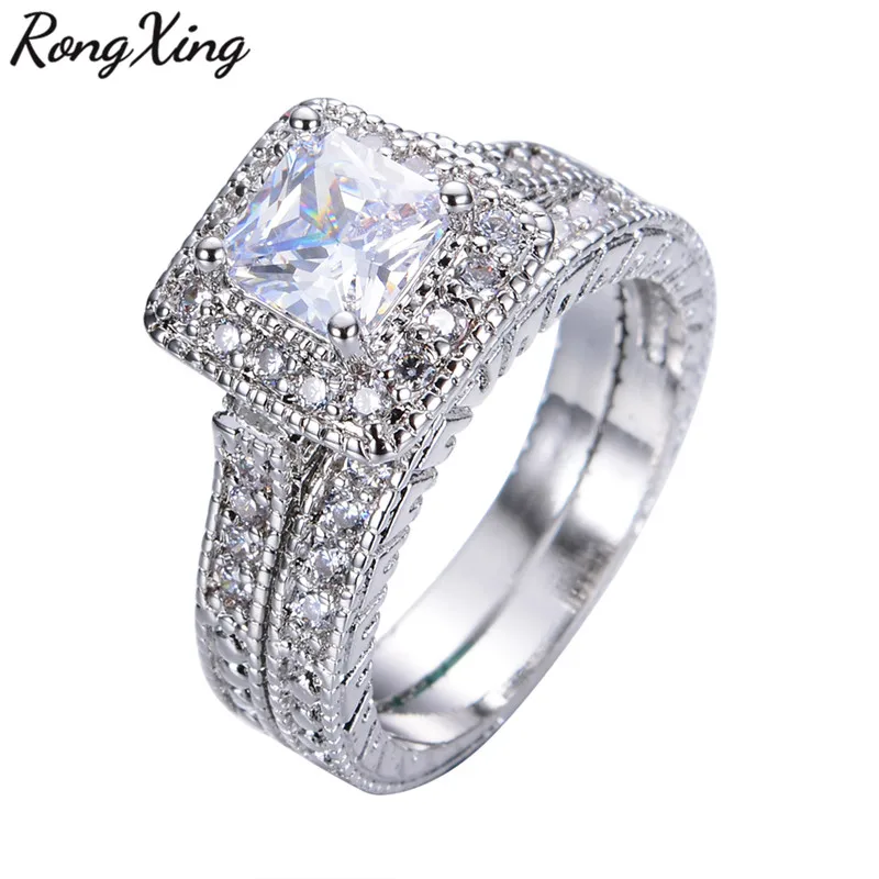 RongXing Trendy Square April Birthstone Ring Sets 925 Sterling Silver Filled AAA Zircon Rings For Women 