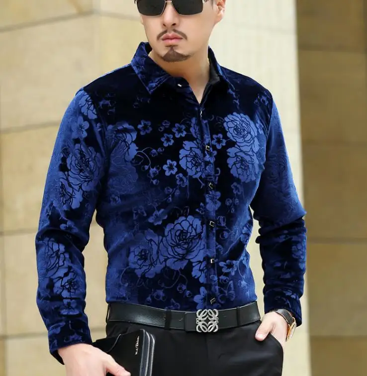 

Top Fashion Trendy Luxury Mens Silk Shirts Formal Turn Down Collar Black Blue Velvet Shirt Slim Fit Flower Pattern Shirts