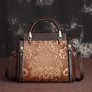 

Genuine Leather Women Messenger Shoulder Bag Tote Embossed Vintage Design Cross Body Handbag Brush Color Female Top Handle Bags