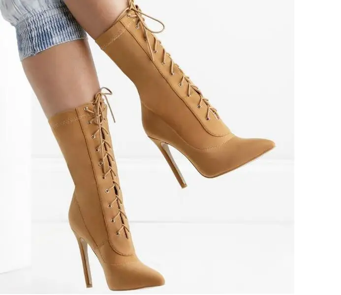 

Hot Selling Lace Up Pointed Toe Heels Bootie 2019 Sexy Thin Heels Woman Ankle Boots Runway High Heel Boos