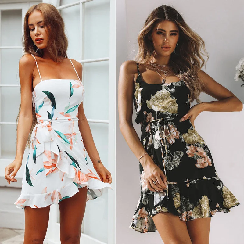 

Boho Summer Print Floral Short Mini Dress Women Sexy Sleeveless Spaghetti Strap Elegant Party Sundress Beach Dress Holiday Dress