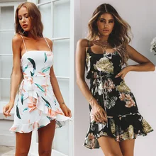 Boho Summer Print Floral Short Mini Dress Women Sexy Sleeveless Spaghetti Strap Elegant Party Sundress Beach Dress Holiday Dress red spaghetti random floral print halter sleeveless mini dress