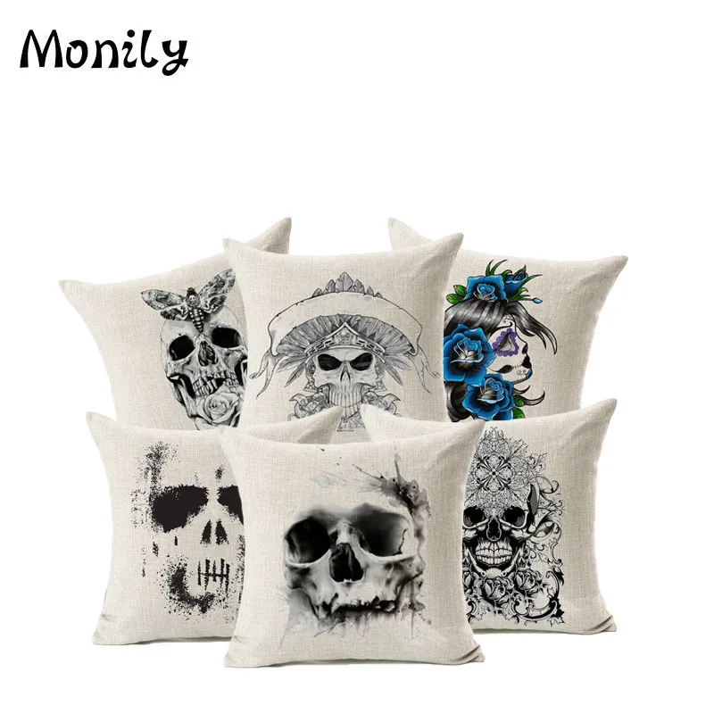 

Mexico Day of the Dead Cushion Cover Skull Simple pillow case Cotton linen Throw pillow cover for sofa seat car chair Home