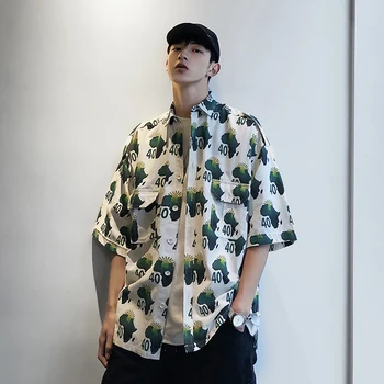 

2019 Summer Men's Printing Short Sleeve Hawaiian Shirt Mens Fashion Trend Loose White/khaki Color Cotton Clothes Shirts M-XL