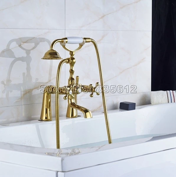 Luxury Gold Color Polished Brass Deck Mounted Bathroom Tub Shower