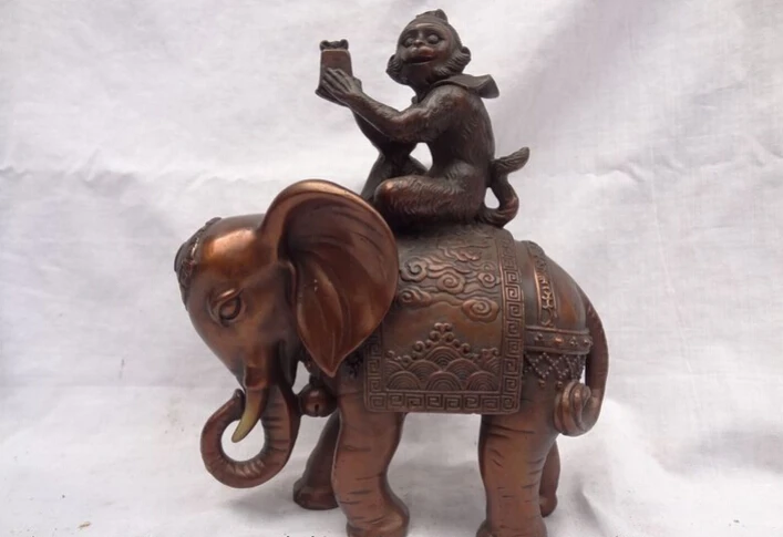 

song voge gem S2872 9" Chinese Red Pure Bronze Sculpture Monkey Stamp Ride JiXiang Elephant Statue