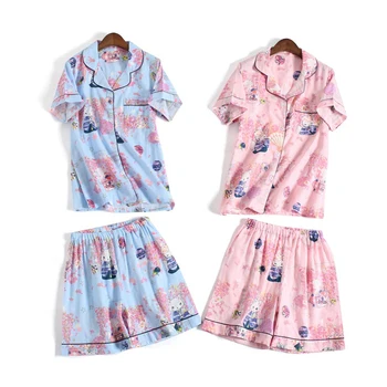 

KISBINI Summer Women Printed Short Sleeve Shirt Pajamas Set 2PCS/Set Japanese Style Cotton Top+Shorts Nightwear Homewear