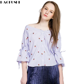 New Women Sexy Off Shoulder Embroidery Rose Floral Blouse Slash Neck Shirts Party Beach Tops Girls Blue Striped Blouses