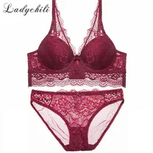 Ladychili VS стринги и бра Набор Push Up французский вышитые кружева Для женщин комплекты белья ABC чашки бюстгальтера и трусиков Глубокий V N307