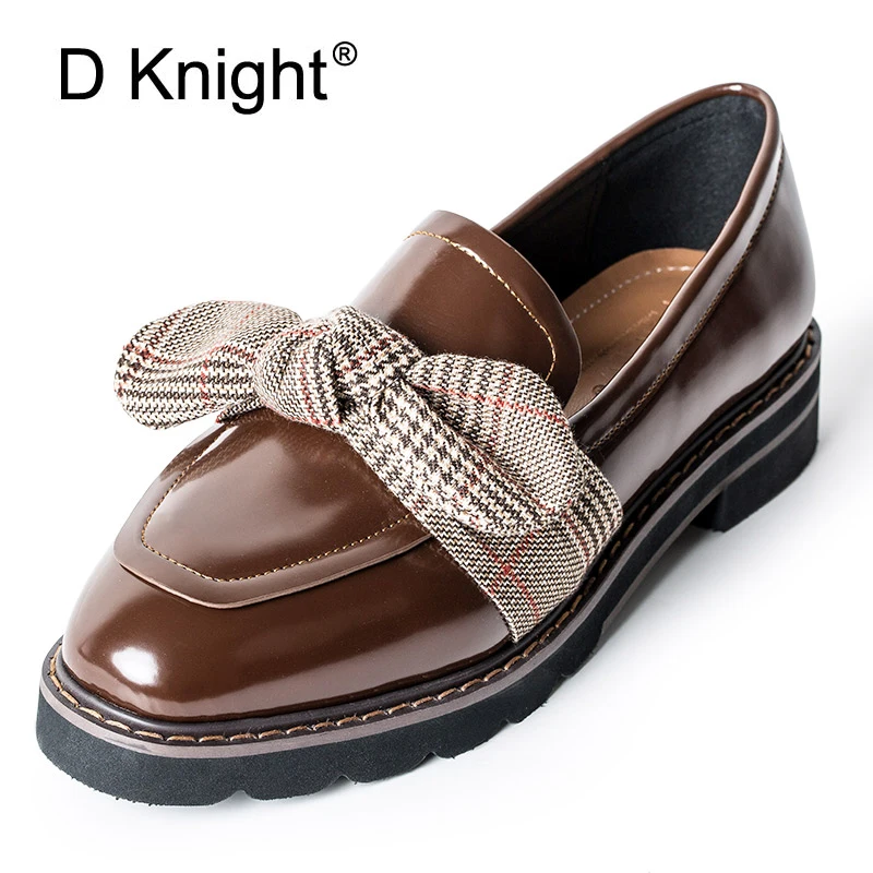 

High Quality Women Oxfords Flats Platform Shoes Patent Leather Plaid Bowtie Slip-on Creepers Black Brogue Loafers Brand Coffee