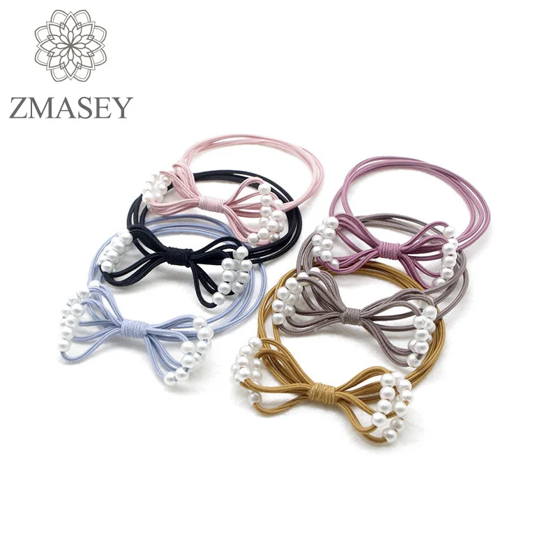 

ZMASEY 1pc/lot Creative Bow Knot Pearl Hair Rope Elastic Hair Ring Simple Wild Girls Ponytail Hair Hair Accessories