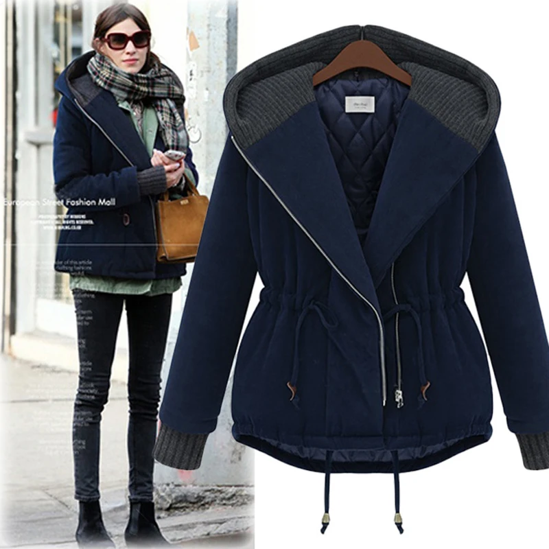 Autumn Winter Women Fashion Jacket Coat Female Zipper Slim Cotton Outwear Coats Casual Dark Blue