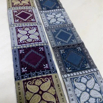 

5cm 50mm 2' Wine Blue Rhombus Bedding Trim Paisley Blocks Antique Quality Cotton National Jacquard Woven Ribbon Laciness Webbing