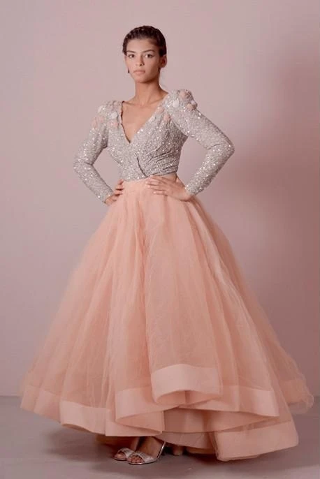 

Elegant Long Sleeve Evening Dresses Women vestido de festa longo com pedraria Ball Gown Backless Prom Party Gowns