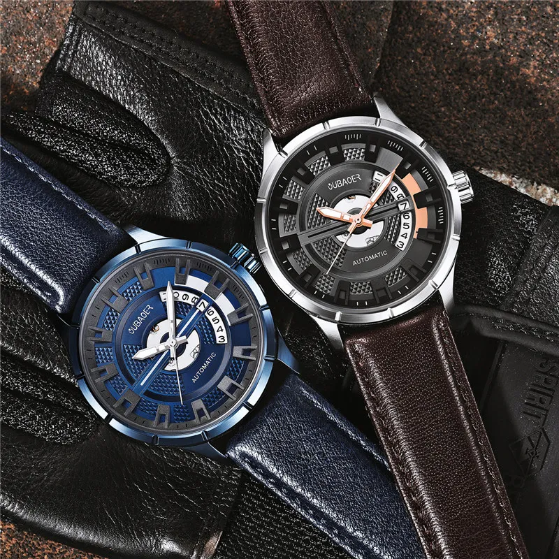OUBAOER автоматические механические мужские часы из натуральной кожи часы с скелетом лучший бренд класса люкс спортивные военные мужские наручные часы